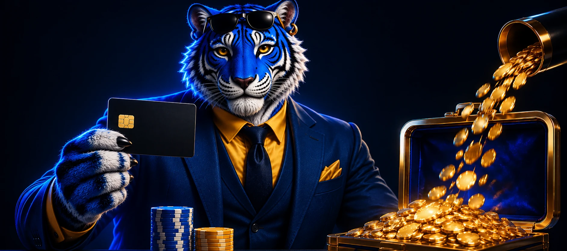 Tigre azul junto a fichas y monedas doradas